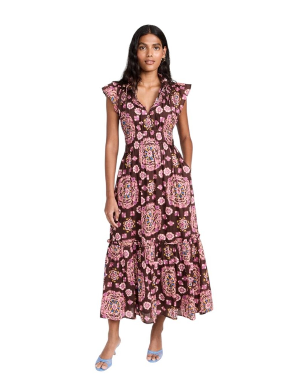 Cleobella Indira Ankle Maxi Dress Womens Small Pink Floral Organic Cotton VNeck